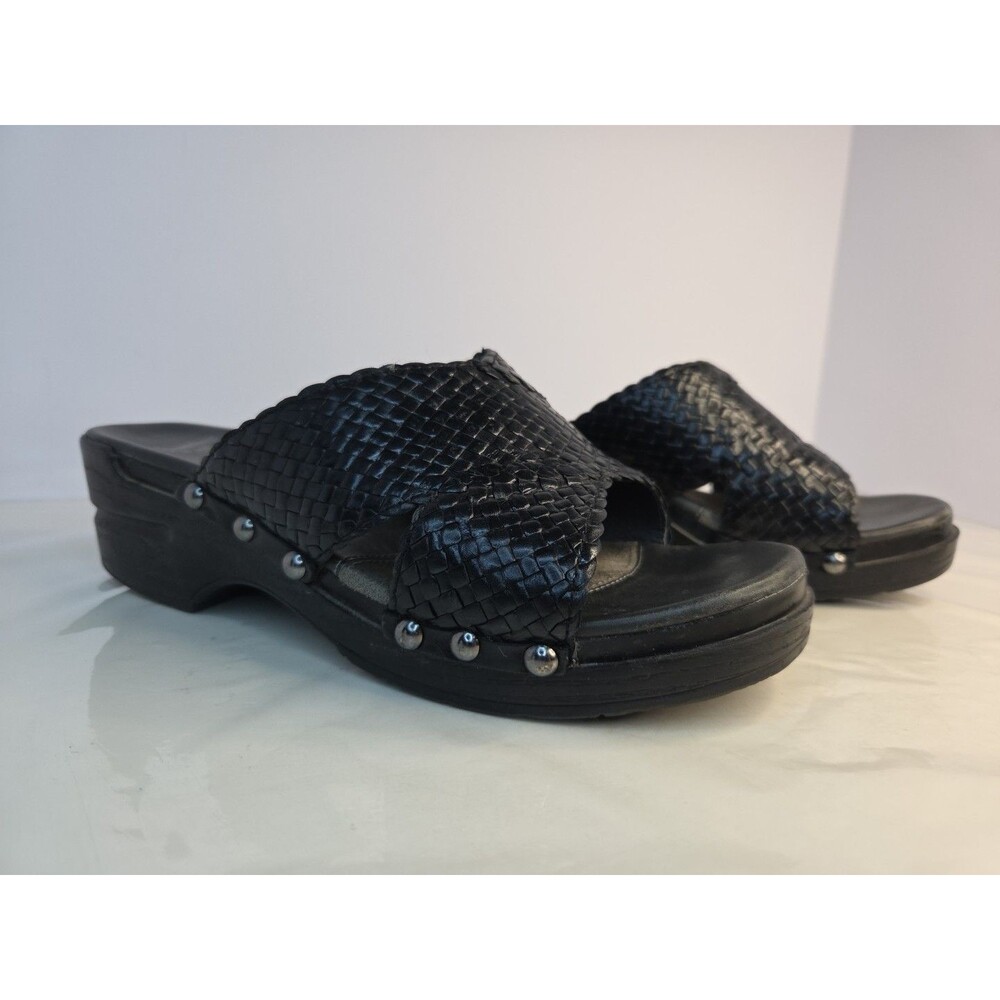 DANSKO Black Woven Leather & Silvertone Studded S 39 Wedge Heel Comfort Shoe EUC